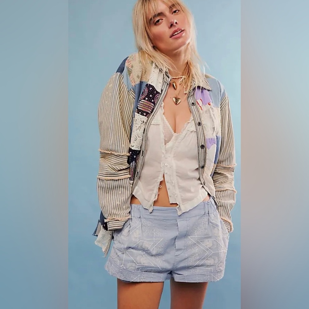 Free People Westover Embroidered Shorts Pockets Elastic Waist Blue Bell Combo